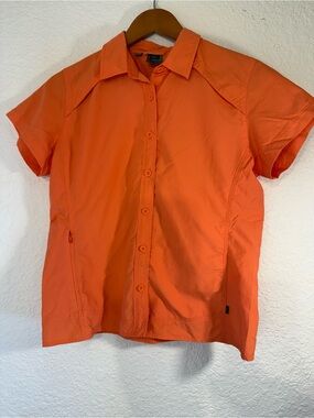 REI Sahara Women's M Orange Short Sleeve Hiking Water Shirt UPF 30+ Tactel Nylon